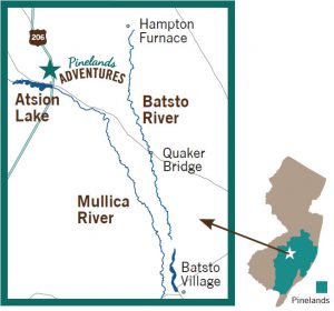 Pinelands Adventures map, pine barrens canoeing and kayaking, hiking batsto river and mullica river