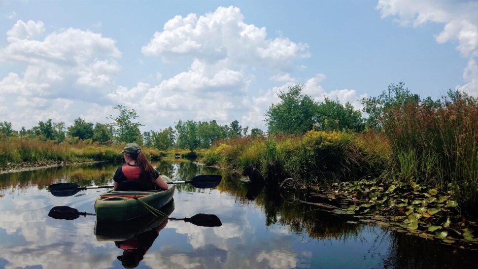 Photo of a woman kayaking on the Mullica River
