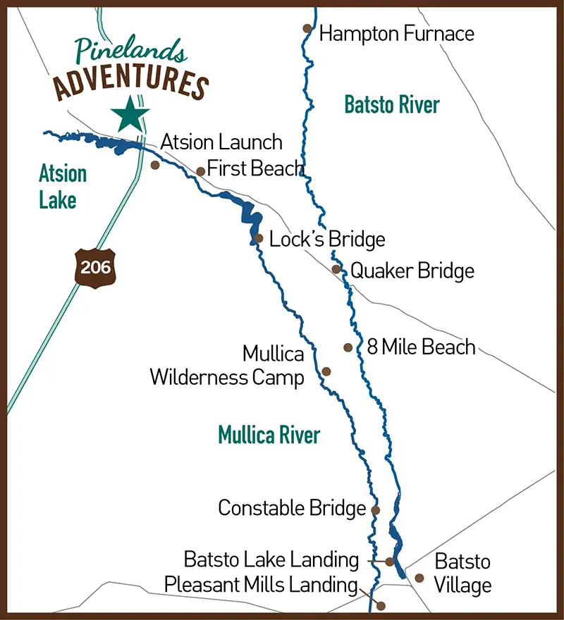 map showing pinelands adventures location in shamong new jersey